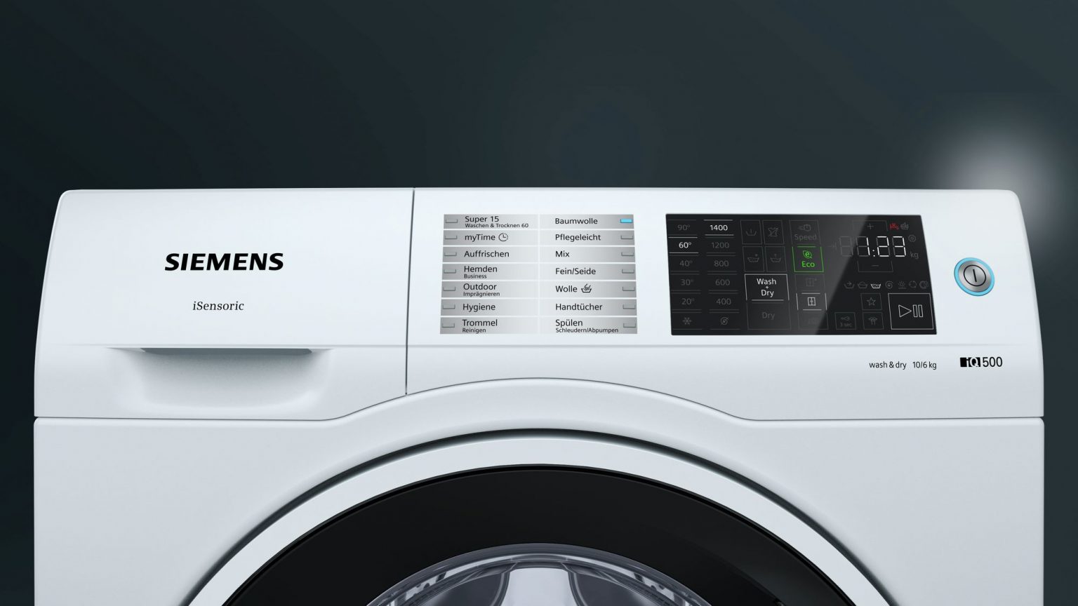 Mặt trước bảng điều khiển của máy giặt và sấy khô quần áo Siemens IQ500 WD14U510