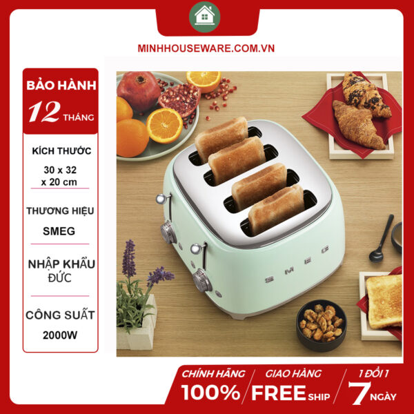 Máy nướng bánh mì cao cấp từ SMEG trẻ trung, hiện đại với 4 ngăn tiện dụng, chất liệu an toàn, giúp bạn nướng bánh chỉ trong vòng 1-2 phút